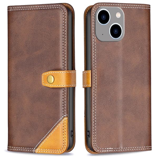 BINFEN tofarget læretui for iPhone 14 Plus - Kaffe Brown