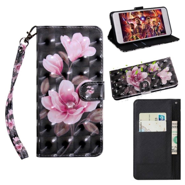 Huawei P Smart 2019 lysspot dekoreret læder flip etui - Lyserøde Blomster Pink