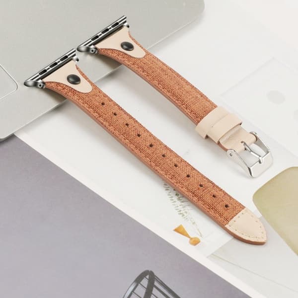 Apple Watch Series 5 / 4 44mm canvas urrem i ægte læder - Kaffe / Aprikos Brown