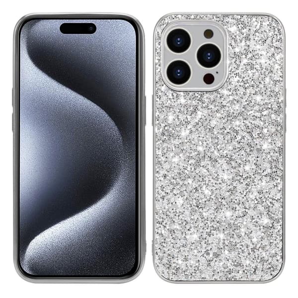 Glitter iPhone 15 Pro kotelot - Hopea/Harmaa Silver grey