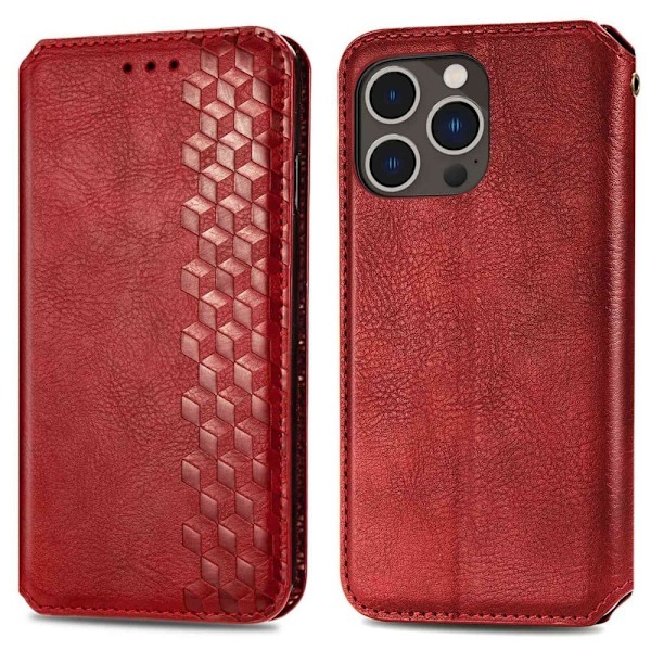 Läder iPhone 14 Pro fodral med romb-design - Röd Röd