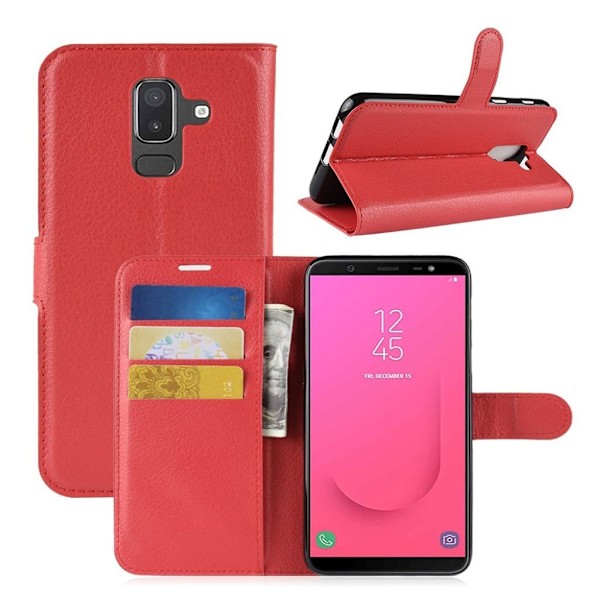 Samsung Galaxy J8 (2018) beskyttelsesetui i kunstlæder med Litchi overflade samt stativ - Rød Multicolor