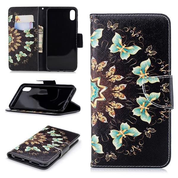 iPhone Xs Max flip cover i læder med mønsterprint - Farvede Sommerfugle Multicolor