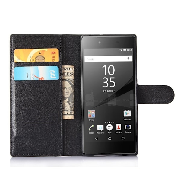 Sony Xperia XA1 Litsi Pintainen Nahkakotelo Standillä - Musta Black