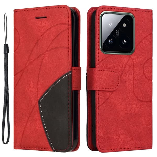 Texturerat läderfodral med handledsband för Xiaomi 14 Pro - Röd Röd