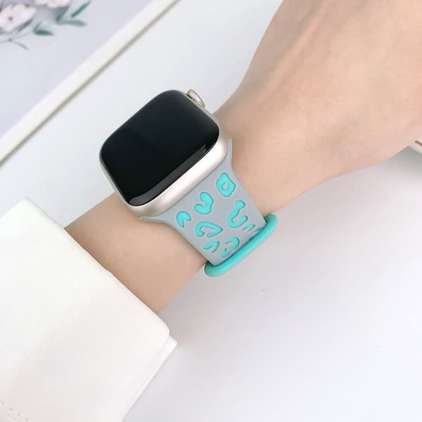 Apple Watch Series 41mm - 40mm - 38mm Leopard silikoniranneke - Harmaa + Syaani Green