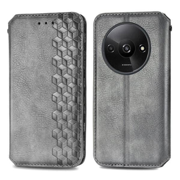 Läder Xiaomi Redmi A3 / Xiaomi Poco C61 fodral med romb-design - Grå Silvergrå