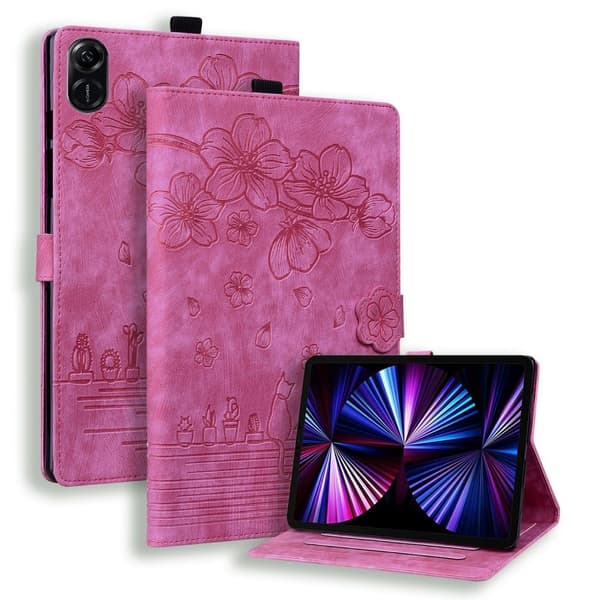 Honor Pad X8a Case Flip Stand Leather Tablet Cover Cherry Blossom Cat Imprinted - Rose Pink
