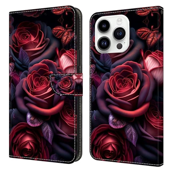 iPhone 16 Pro Plånboksfodral Mönster Tryck Stativ Läder Flip Telefonskal - Svart Ros Röd
