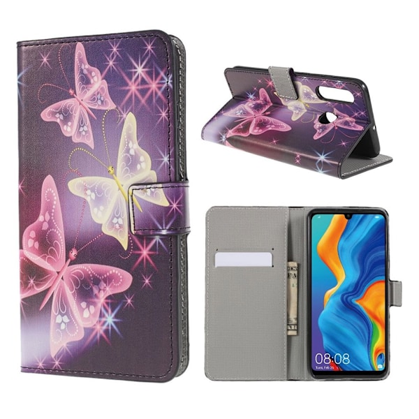 Huawei P30 Lite konstläderfodral med tryck - Blänkande fjärilar multifärg