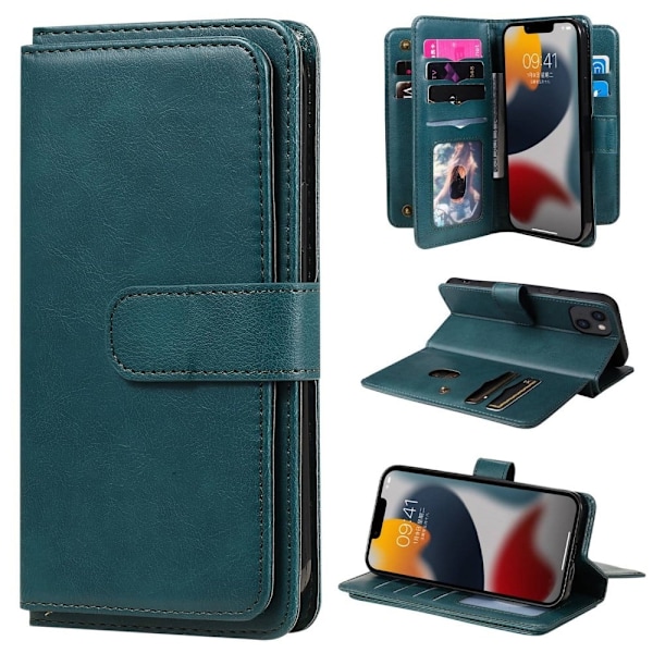 10-slot Lompakko Suojakotelo For iPhone 14 Plus - Mustanvihreä Green