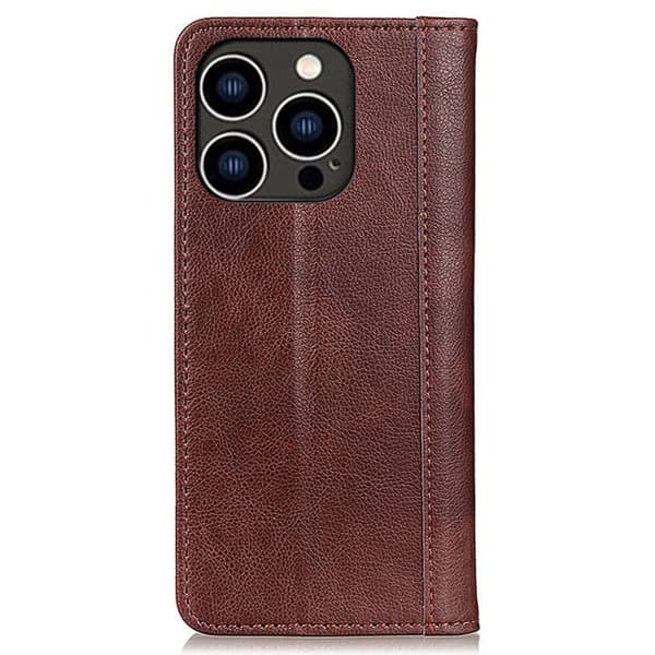 Ekte lærdeksel med magnetisk lukking for iPhone 14 Pro - Brun Brown