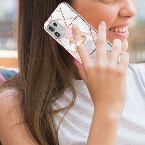 Marble Mønstret Deksel med Ring Holder til Motorola Edge 20 Lite - Rosa / Hvit Pink
