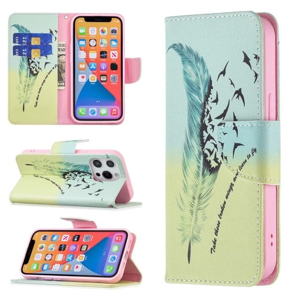 Wonderland iPhone 13 Pro Läppäkotelo - Feather / Lintu Pattern Multicolor