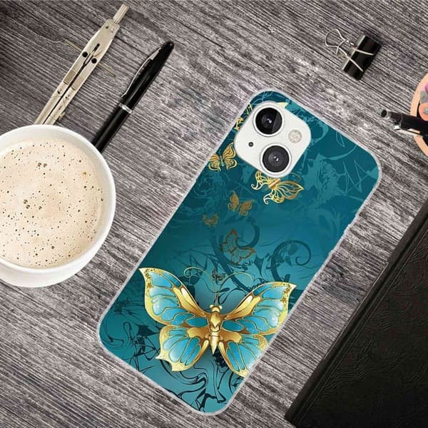 Butterfly iPhone 14 Plus nahkakotelo - Kultainen Perhonen Green