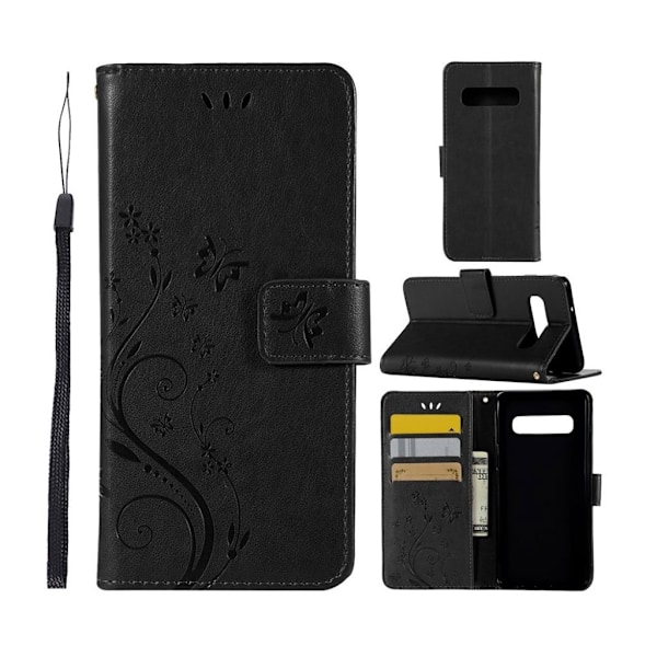Samsung Galaxy S10 sommerfugle- og blomstertryk læder flip etui - Sort Black