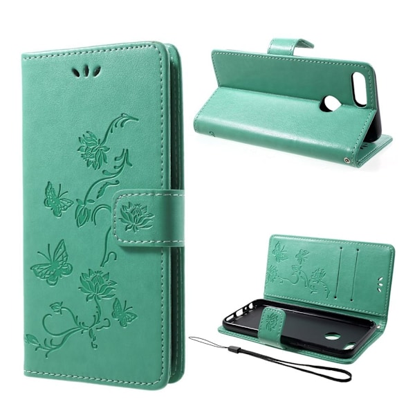 Huawei P Smart mobiletui i kunstlæder med indgraveret sommerfugl og blomster - Grøn Green