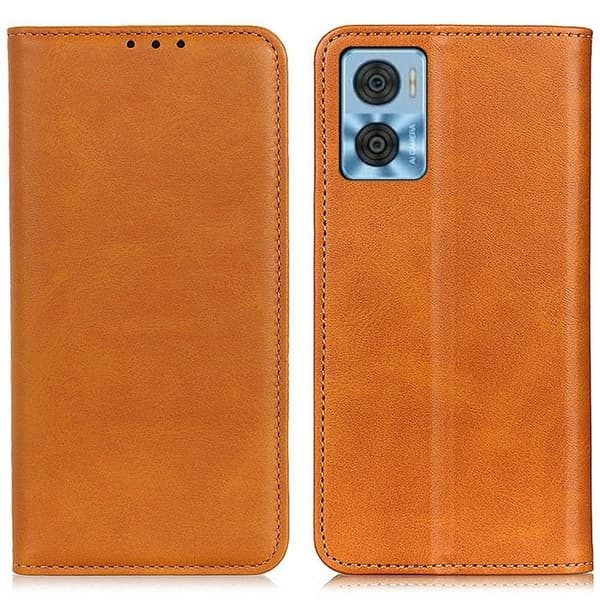 Flip Etui med Pung i Ægte Læder til Motorola Moto E22i / E22 - Brun Brown
