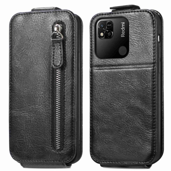 Vertical Flip Phone Etui med Zipper til Xiaomi Redmi 10A - Sort Black