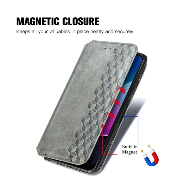 Nahkakotelo With A Stylish Rhombus Imprint For Motorola Moto G Play (2023) - Harmaa Silver grey