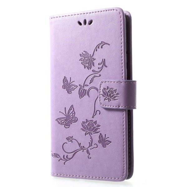 Huawei P30 Lite trykt sommerfugle blomster læder flip etui - Lyselilla Purple