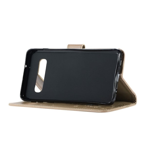 Samsung Galaxy S10 sommerfugle- og blomstertryk læder flip etui - Guld Gold