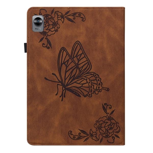 Realme Pad Mini läderfodral med fjärilsblommönster - Brun Brun