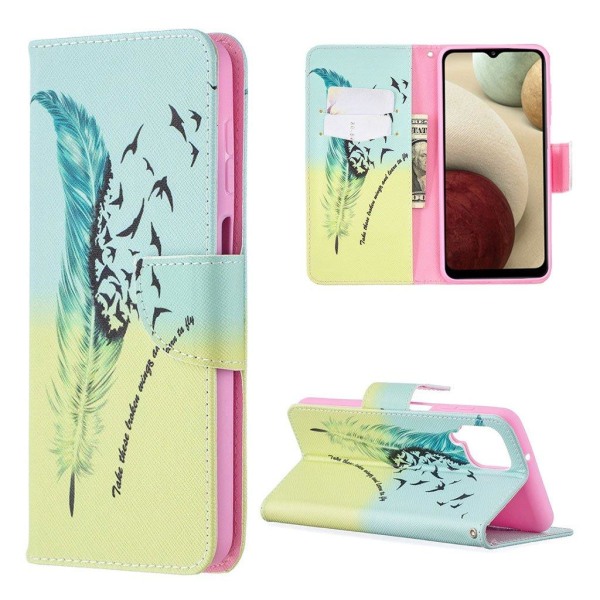 wonderland Samsung Galaxy A12 5G flip etui - fjer og fugl Multicolor