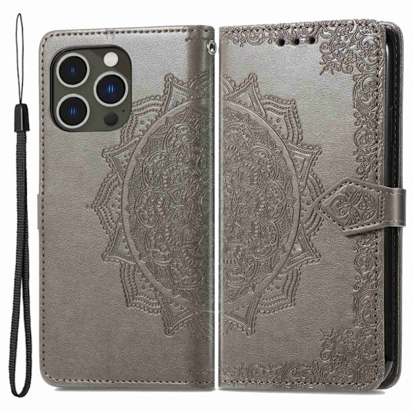 Mandala läder iPhone 14 Pro fodral - Silver/Grå Silvergrå