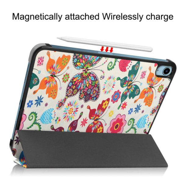 Tri-fold stander etui iPad 10.9 (2022) Pattern Printing Anti-fall Anti-wear Folio Flip Vegansk Læder Tablet Cover - Sommerfugl Multicolor