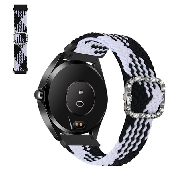 22mm Universal nylon + rhinestone spænde urrem - Sort Og Hvid Black