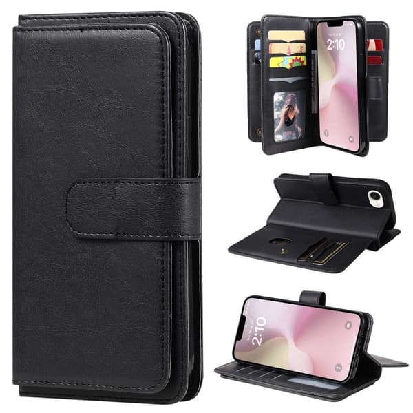 iPhone 16e etui med pung & 10 kortpladser - Sort Black
