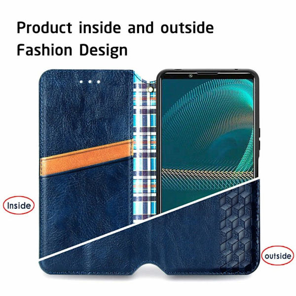 Læder Etui med A Stilfuldt Rhombus Tryk til Sony Xperia 1 IV - Blå Blue