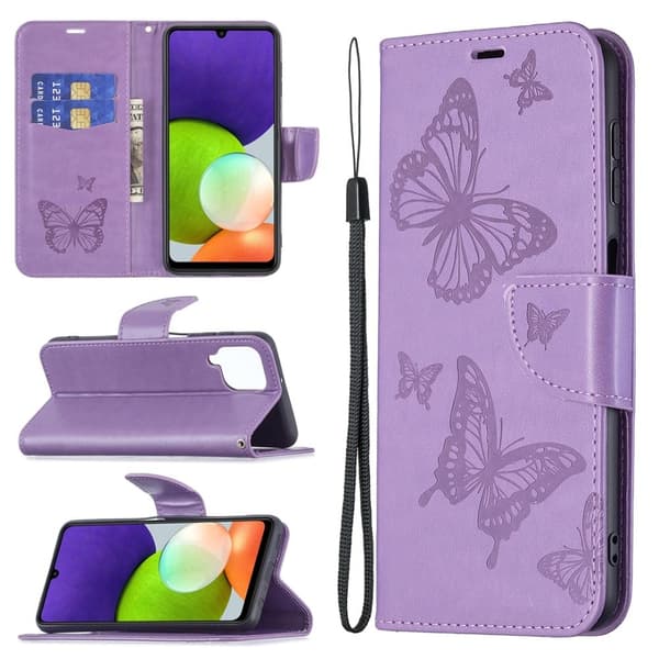 Butterfly Samsung Galaxy A22 4G Flippetui - Lilla Purple