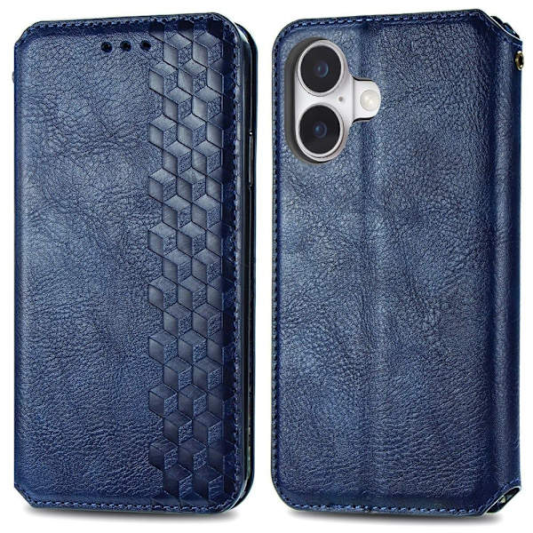 Läder iPhone 16 Plus fodral med romb-design - Blå Blå