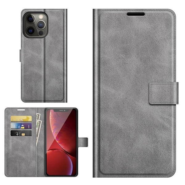 Hållbart konstläder iPhone 13 Pro fodral med plånbok - Silver/Grå Silvergrå