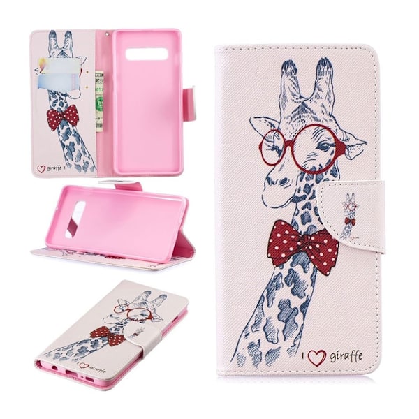 Samsung Galaxy S10 Plus mønstret læder flip etui - Giraf med Briller Multicolor