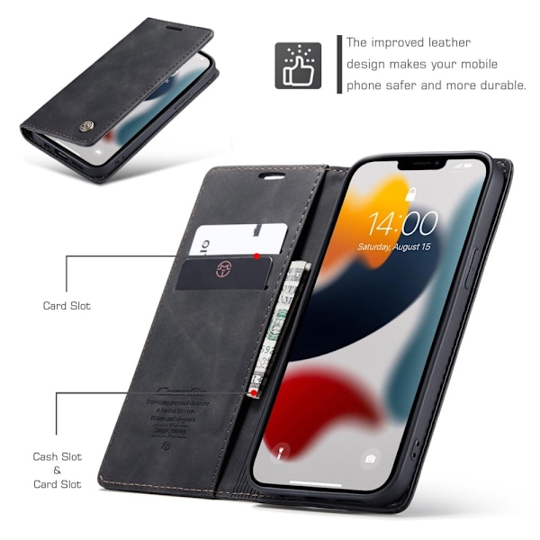 CASEME 013 Series Wallet Stand All-round Protection Vegansk Læder Shell Case iPhone 13 Pro Max 6.7 inch - Sort Black