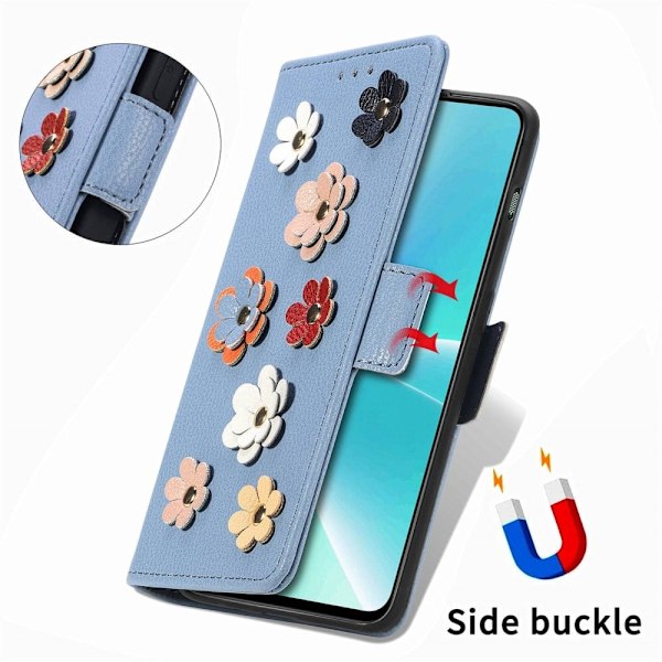 Mjukt läder OnePlus Nord 2T fodral med blomdekor - Blå Blå