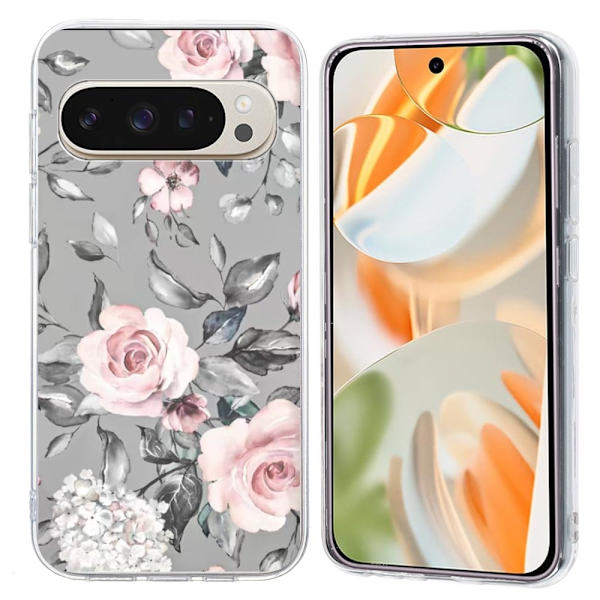 Vibe Google Pixel 9 / Google Pixel 9 Pro -kansi - Harmaa Tausta Kukkia Silver grey
