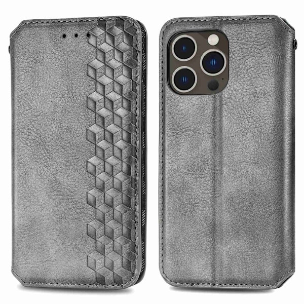 Läder iPhone 14 Pro fodral med romb-design - Silver/Grå Silvergrå