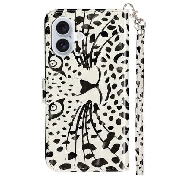 iPhone 16 Plus-etui med 3D-mønster trykt lærlommebokdeksel i bokstil - Leopardhode Black