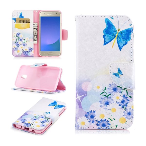 Samsung Galaxy J3 (2017) Læder etui med flot motiv - Blå sommerfugl Multicolor