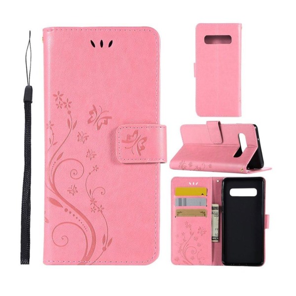 Samsung Galaxy S10 sommerfugle- og blomstertryk læder flip etui - Lyserød Pink