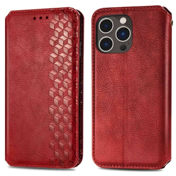 Nahkakotelo With A Stylish Rhombus Imprint For iPhone 14 Pro Max - Punainen Red