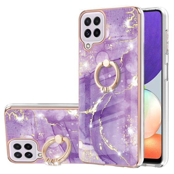 Marble Mønstret Cover med Ring Holder til Samsung Galaxy A22 4G / M32 - Grøn og Gul Marmor Haze Purple