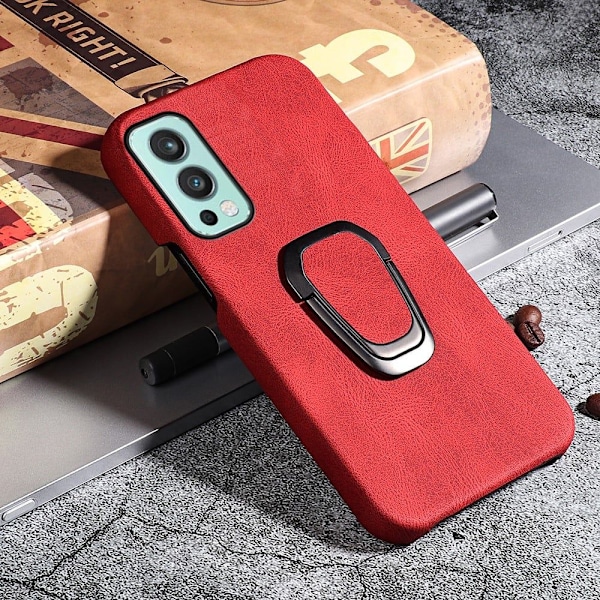 Stötsäkert läderfodral med oval kickstand för OnePlus Nord 2 5G - Röd Röd