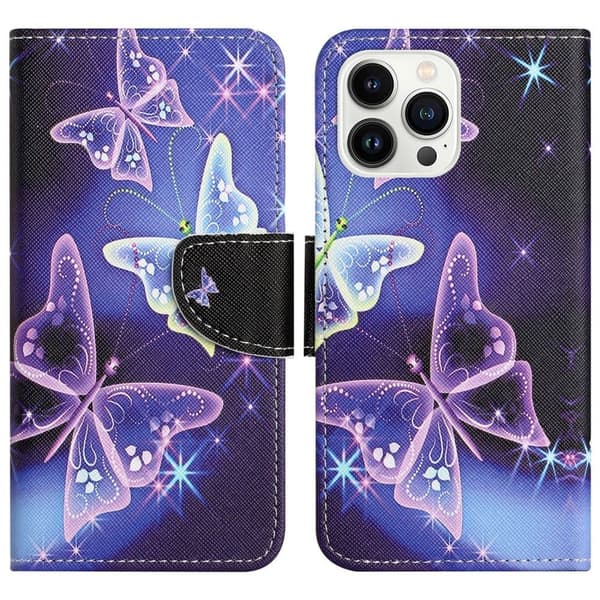 Wonderland iPhone 16 Pro flip-etui - Glitrende Sommerfugler Purple