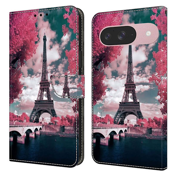 Google Pixel 9 / 9 Pro plånboksfodral mönstrat tryck stativ läder flip telefonskal - Eiffeltornet Rosa