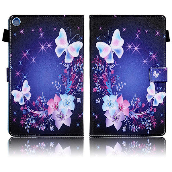 Samsung Galaxy Tab A 10.1 (2019) elegantti kuviollinen nahkainen kotelo - Kukka / Perhonen Blue